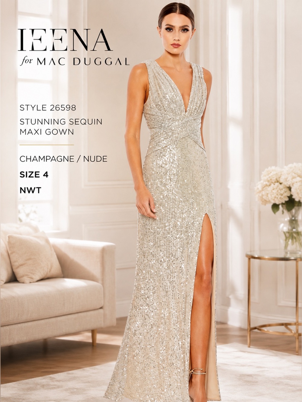 NWT Ieena for Mac Duggal 26598 Stunning Sequin Maxi Gown Champagne Nude Sz 4